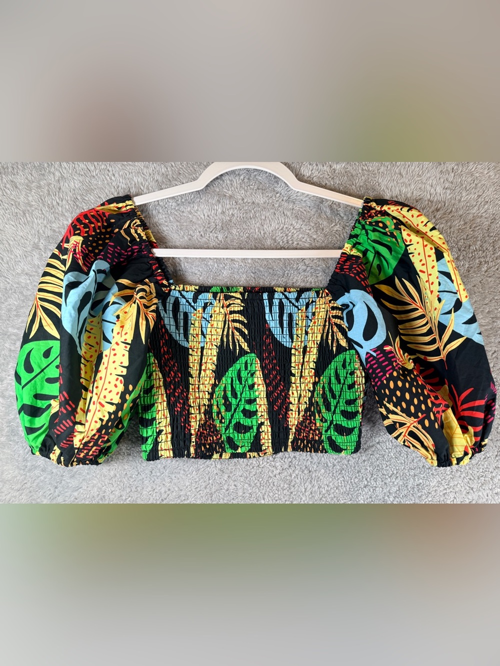 Forever 21 Tropical Leaf Smocked Puff Sleeve Crop Top Square Neck Women's Small